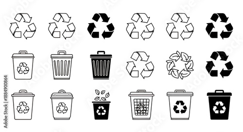 Collection of various recycling bin and recycle symbol icons in black and white.