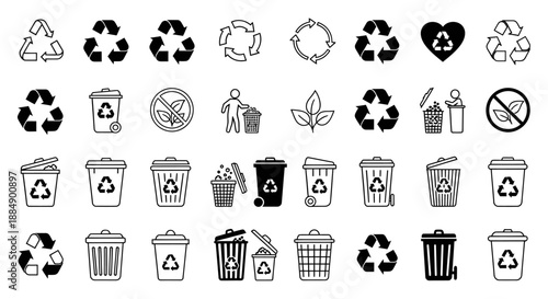 Set of various black and white recycling and waste disposal icons with different styles and symbols.