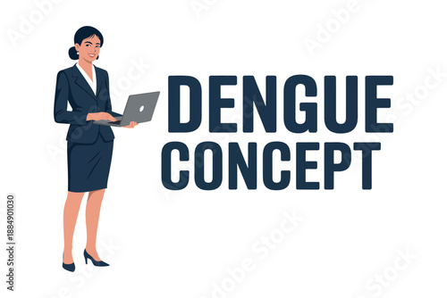 A professional woman in business attire holding a laptop next to a dengue concept graphic