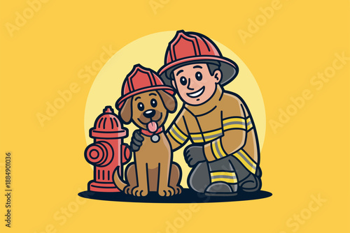 A cartoon firefighter and his dog posing next to a red fire hydrant on a yellow background