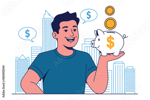 A smiling man holding a piggy bank with coins and dollars in the background, representing saving money and financial planning.