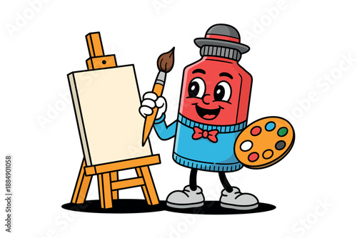 A cheerful cartoon character painting on an easel with a palette of colors