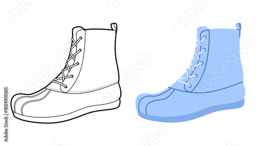 Blue lace-up duck boot women flat plus line set. Rounded toe with padded collar for hiking trip outdoor occasion look. Technical fashion illustration CAD mockup mixed vector men unisex isolated style.