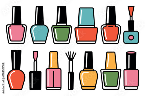 A colorful illustration of various nail polish bottles and nail care tools on a white background