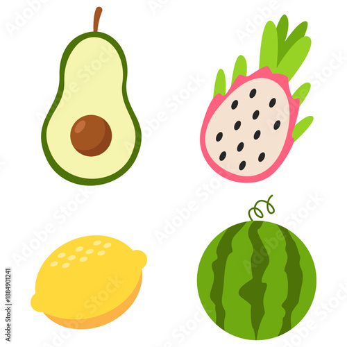 Flat Style Fresh Fruits Illustration, Avocado, Dragon Fruit, Lemon and Watermelon