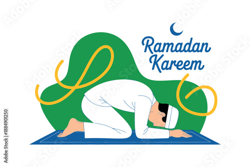 A Muslim man praying on a blue mat with a Ramadan Kareem greeting in the background