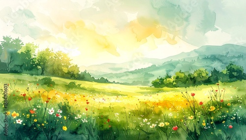 Watercolor landscape hinting early spring, soft green and yellow washes, abstract flo