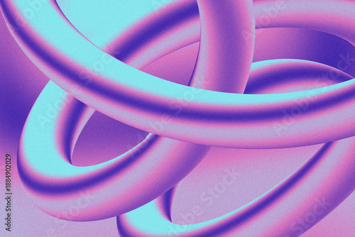 Interlocking torus tubes are weaving in glossy 3D scene, with neon cyan-magenta gradients, grain