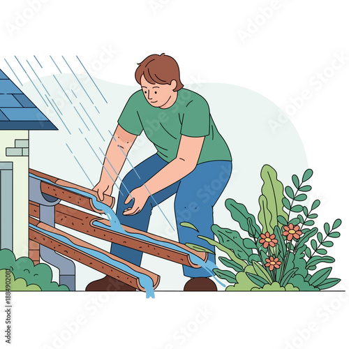 Man adjusting gutter downspouts during heavy rain for proper drainage