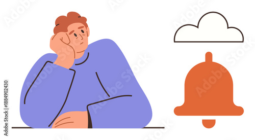 Notifications, cloud storage, digital reminders, online alerts, introspection, productivity. A person rests their chin on their hand next to a bell and cloud symbol. Notifications and cloud storage