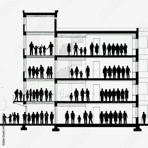 Architectural crosssection of a building filled with diverse groups of people.