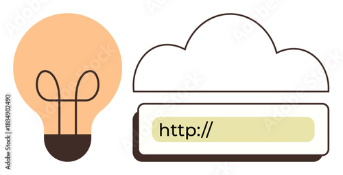 Technology, cloud storage, internet accessibility, web innovation, creative ideas, digital networking. A light bulb next to a cloud shape with an HTTP bar. Cloud storage and internet accessibility