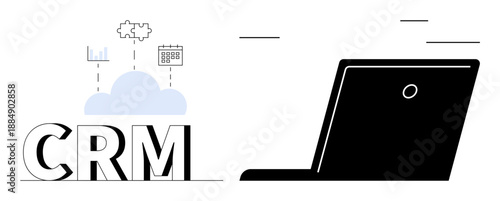 Business management, software integration, cloud computing, data analysis, digital tools, customer solutions. Large CRM text with cloud symbols and a laptop. Business management and software