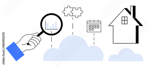 Data management, remote work, real estate, cloud computing, analytics, project planning. Magnifying glass analyzing data with puzzle, calendar house and cloud elements. Data management and remote