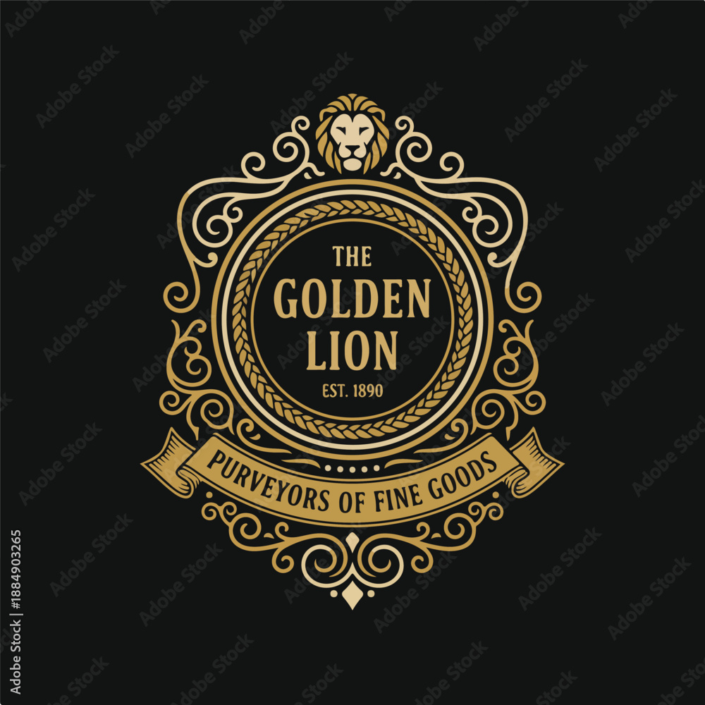 Fototapeta premium Vintage Lion Emblem with Ornate Scrollwork and Fine Goods Text