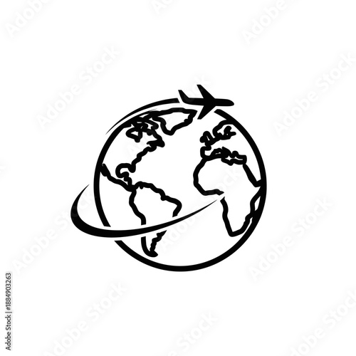 Global travel icon depicting an airplane circling the Earth on a white background.