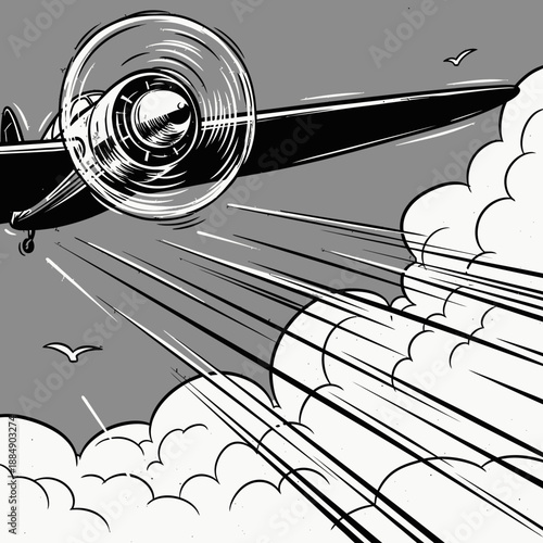 Dynamic Vintage Propeller Plane Flight Illustration in Retro Comic Book Style