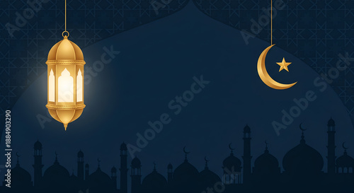 Elegant Ramadan Night Background with Golden Lantern and Crescent Moon Over Mosque Silhouette