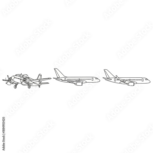Evolution of Air Travel Line Art: Vintage Propeller Plane and Modern Jet Airliners Icon Set