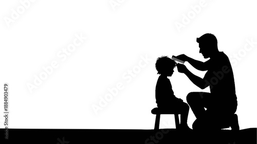 Father cutting son's hair at home silhouette illustration.