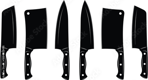 Kitchen knife silhouettes, chef tools set, cleaver and butcher knife, sharp blades, cooking equipment, culinary tools, black shadow, vector illustration, isolated