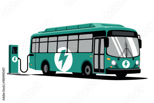 An electric bus being charged at a modern charging station with a green and white color scheme