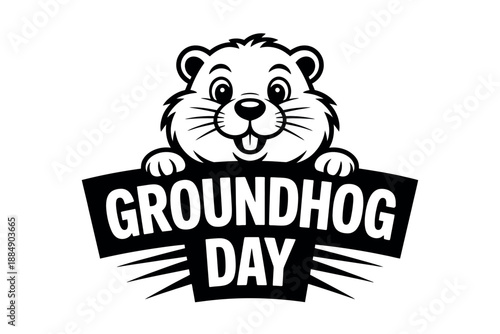 A cartoon groundhog holds a sign that reads Groundhog Day in a playful and festive illustration.