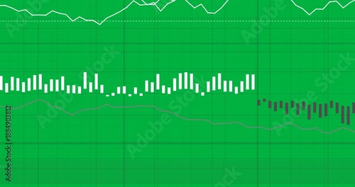 Data feed arriving market chart animating on transparent bg histogram shifting lines showing trends