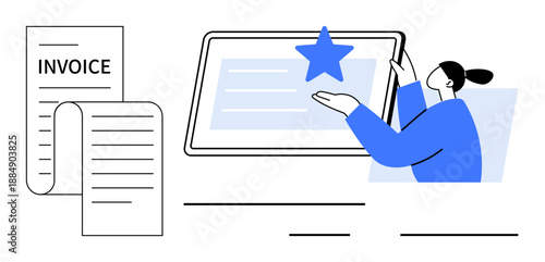 Business tools, financial management, user interaction, online review, digital documentation, payment systems. A person interacting with a star on a digital interface beside an invoice document