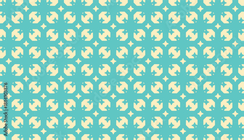 High-quality seamless vector backdrop featuring symmetrical flower-like shapes. Fresh teal and cream pattern for organic skincare packaging, textiles, and wallpaper
