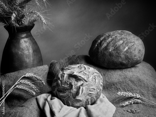  Black and white still life of bread.