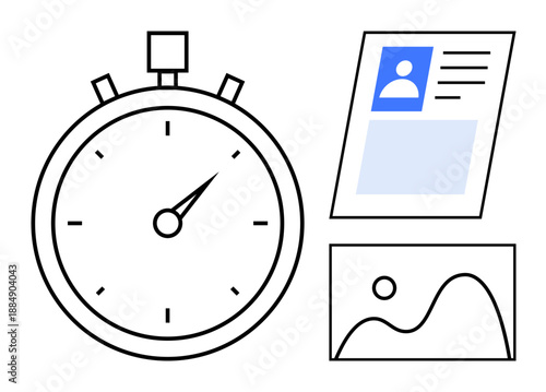 Time management concept. Stopwatch time tracking while accompanying icons digital content and data. Time management for productivity, analytics, scheduling, workplace tools, education