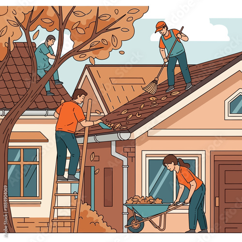 Autumn house cleaning: gutter clearing and leaf raking by people