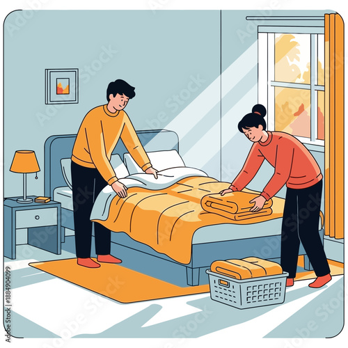 Couple making bed with clean linens, sunlight from window