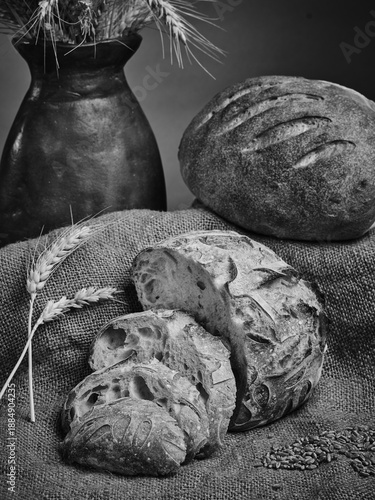  Still life monochrome of artisan bread.