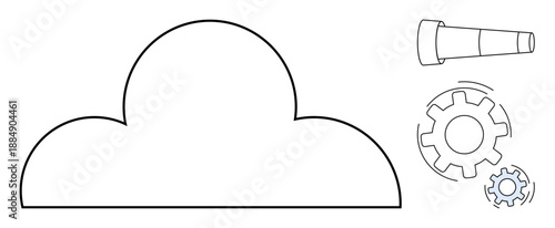 Cloud technology, system integration, innovation, data storage, future vision, technical processes. Cloud shape, gear icons and telescope outline. Cloud technology and system integration visuals
