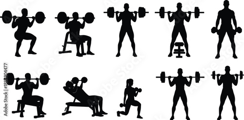 Fitness workout silhouettes, weightlifting exercises, gym training, strength routine, bodybuilding poses, barbell and dumbbell, athletic bodies, workout positions, black icons, vector set