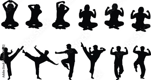 Martial arts silhouettes set, black vector illustration of yoga poses, karate kicks, fitness training, fighting stances for sport, health, design, branding