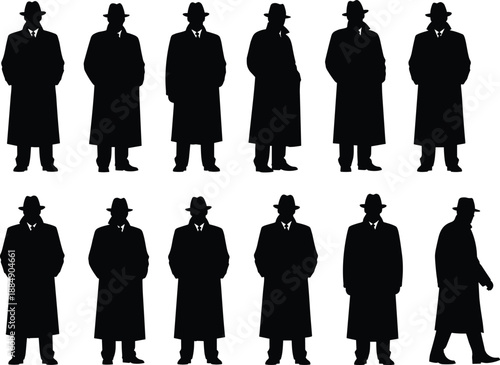 Noir detective silhouettes set, black vector illustration of men in trench coats and hats, mystery crime characters for design, branding, poster