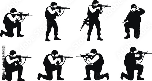 Soldier silhouettes set, black vector illustration of military men with rifles in action poses, combat icons for security, army, defense, design