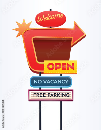 illustration of a vintage neon sign pole blank banner on isolated white background