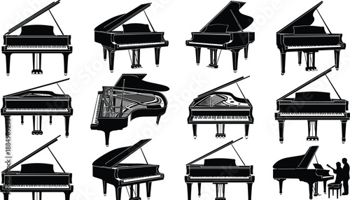 Grand piano silhouettes set, black vector collection of classic concert pianos, musical instrument icons for design, art, branding, projects, use