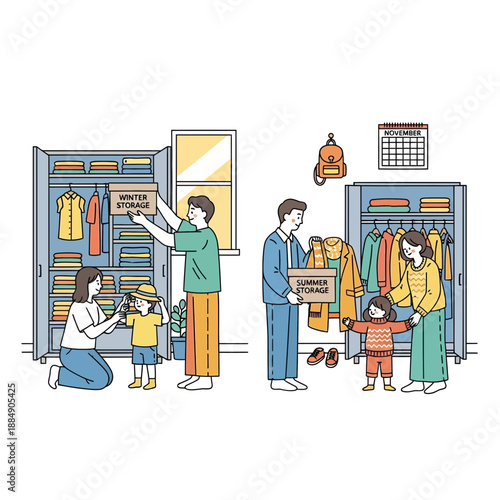 Family organizing clothes for seasonal storage in wardrobe