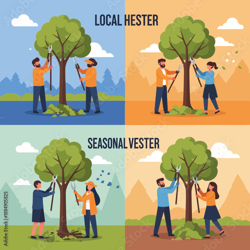 Gardening season illustration: pruning trees in different seasons