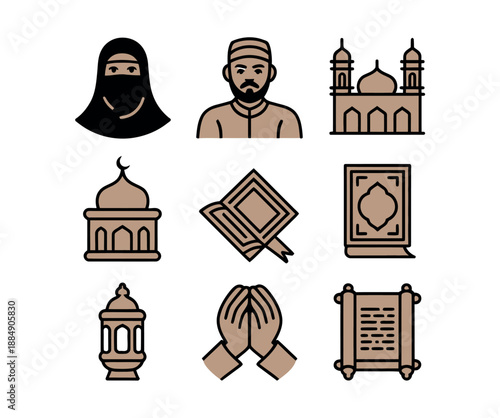 A collection of Islamic icons and symbols on a white background