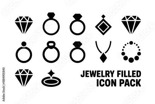 A collection of black jewelry icons on a white background, including rings, diamonds, and necklaces.