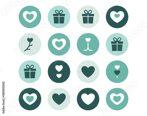 A collection of teal and green icons featuring hearts and gifts on a white background