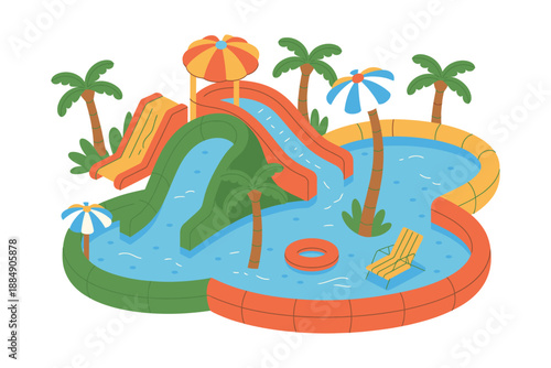 A colorful cartoon water park with a large pool and water slide surrounded by palm trees and beach chairs