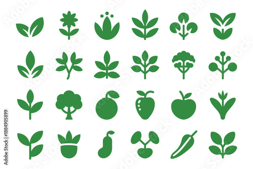 A collection of green plant and fruit icons arranged in a grid on a white background.