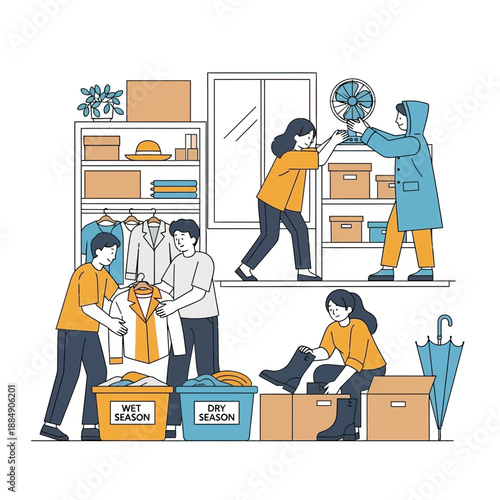 People sorting seasonal clothes and items in storage